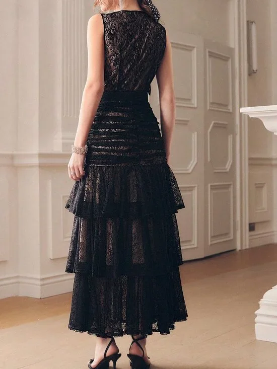 Black Elegant Women's Sleeveless Lace Layered Dress - Picture 4 of 7